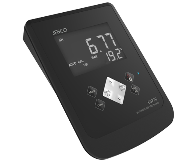 Jenco Bluetooth Benchtop Conductivity Kit, Includes 6377B Bluetooth Benchtop pH/Conductivity/Temperature Meter, 101C Epoxy/Platinum, W/ 8-Pin Connector, K=0.475, 600P pH Electrode, 3-ft Cable, BNC Connector, Max Temp. 60 Deg. C, 007A Electrode Holder