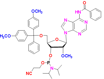 N-Benzoyl-5'-O-(4,4'-dimethoxytrityl)-2'-O-methyladenosine-3'-(2-cyanoethyl-N,N-diisopropyl)phosphoramidite, CAS # 110782-31-5, MF: C48H54N7O8P, MW: 887.96, 98%