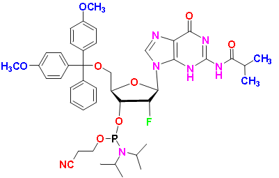 5'-O-DMT-2'-fluoro-N2-isobutyryl-2'-Deoxy-guanosine 3'-CE phosphoramidite, CAS # 144089-97-4, MF: C44H53FN7O8P, MW: 857.91, 98%