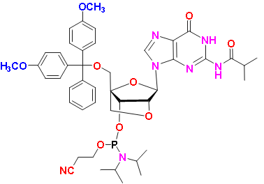 DMTr-LNA-G(iBu)-3'-CED-phosphoramidite, CAS # 206055-77-8, MF: C45H54N7O9P, MW: 867.93, 98%