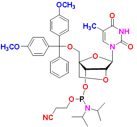 5'-O-DMT-2'-O,4'-C-methylene-5-methyluridine 3'-CE-phosphoramidite, CAS # 206055-75-6, MF: C41H49N4O9P, MW: 772.82, 98%
