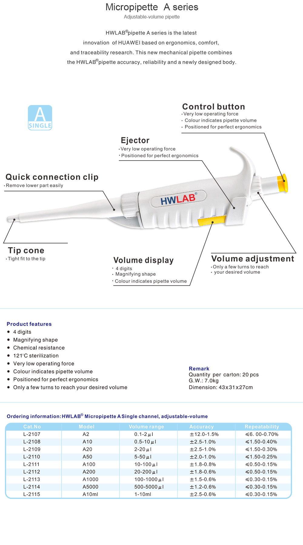 HWLAB Micropipette A5000 Model, 1000 - 5000 µl