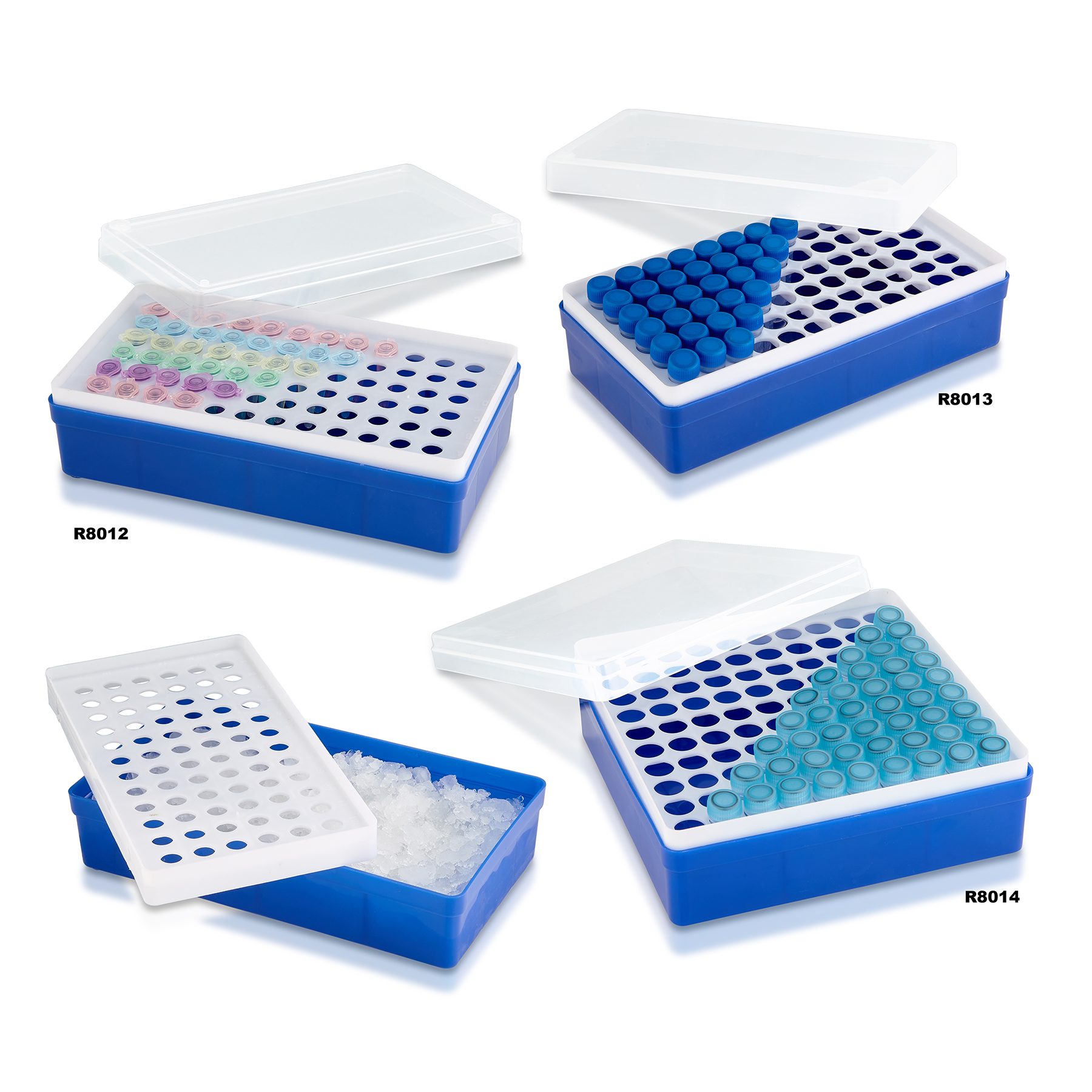 Rose Ice Rack™ for 72 × 0.5mL tubes, detachable lid, tube platform, and base, numbered cavities, accepts snap cap and screw cap 0.5mL to 0.65mL tubes, 6/cs