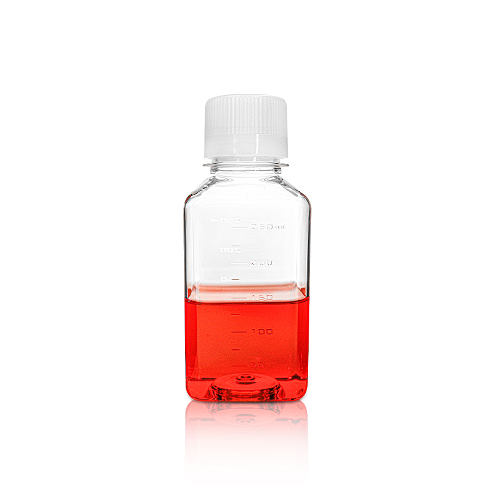 250mL PET Square Media Bottle with Seal Screw Cap. Sterile 32 pieces/bag. 3bags/carton