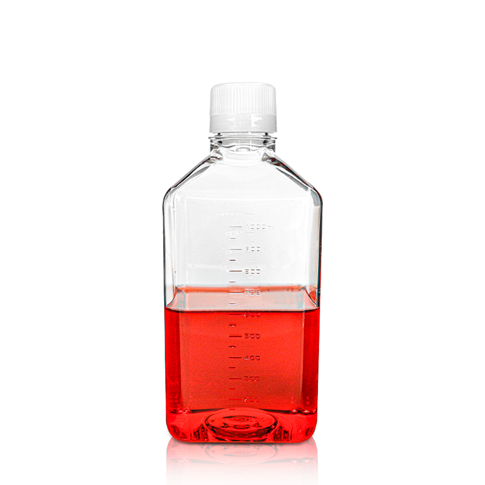 1000mL PETG Square Media Bottle with Seal Screw Cap. Sterile 12 pieces/tray. 2trays/bag. 1bag/carton