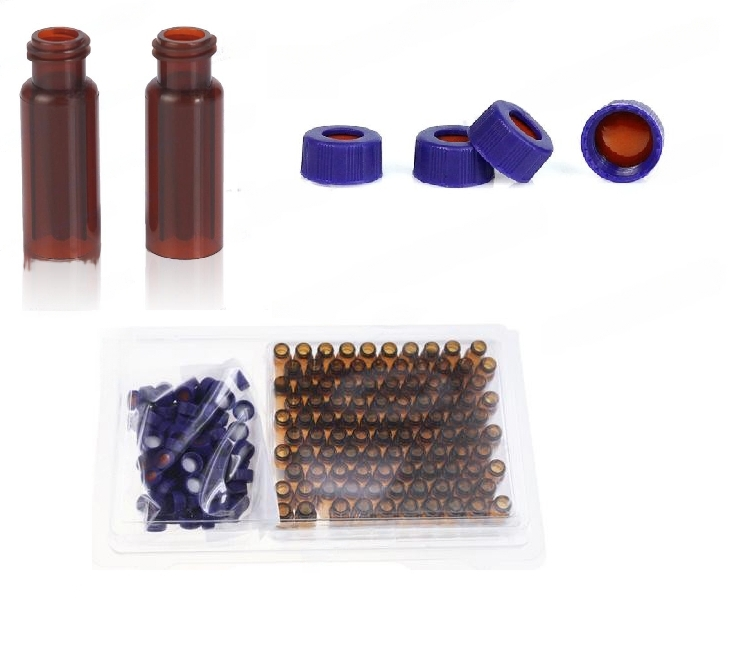 Rose 2 mL 9-425 Clear Wide Opening PP Screw Cap Vial with Graduation, Blue Open Top Ribbed Screw Cap with 9 mm Septa – Polyimide/Red Silicone 1mm Thick. Pk/100