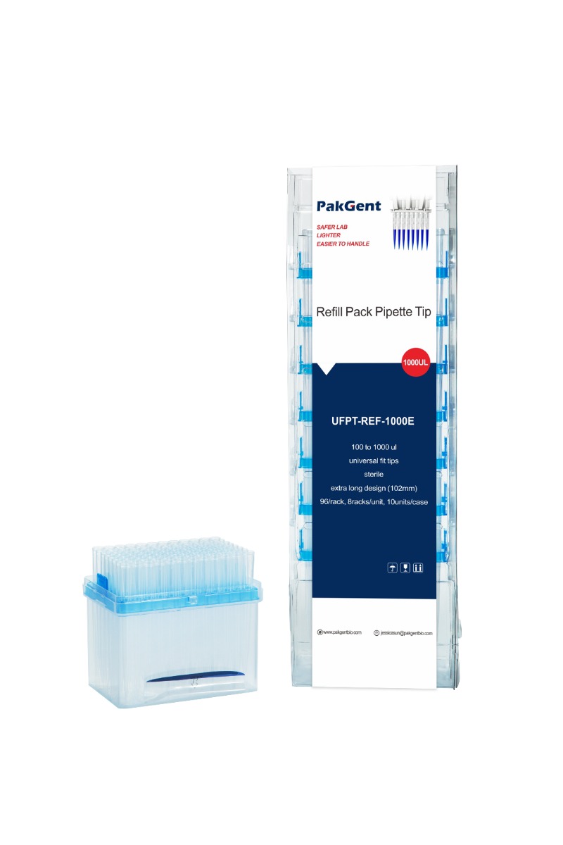 100 to 1,000 ul universal fit tips, extra long design, DNase/RNase free, sterile, refill pack, blue, 102mm 96pcs/rack, 8stacks/unit