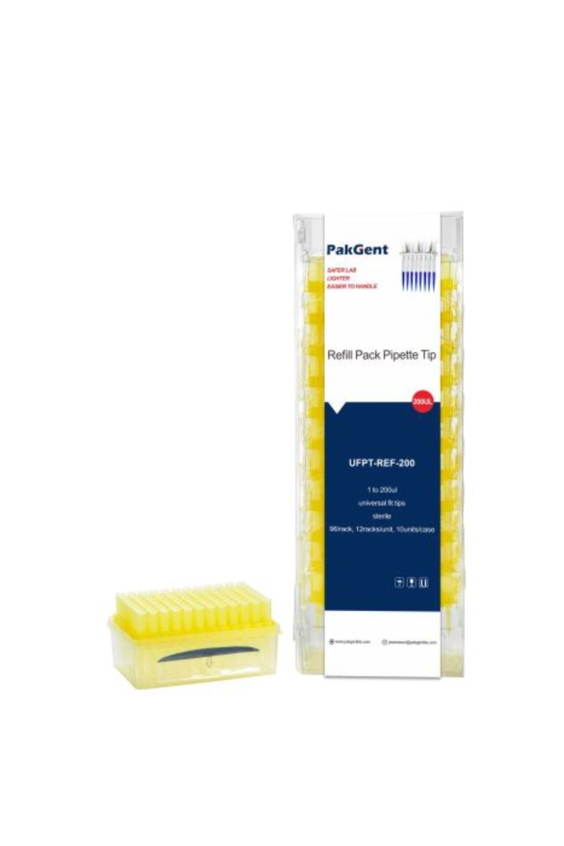 1 to 200 ul, universal fit tips, DNase/RNase free, sterile, refill pack, yellow, 51mm  96pcs/rack, 10racks/unit