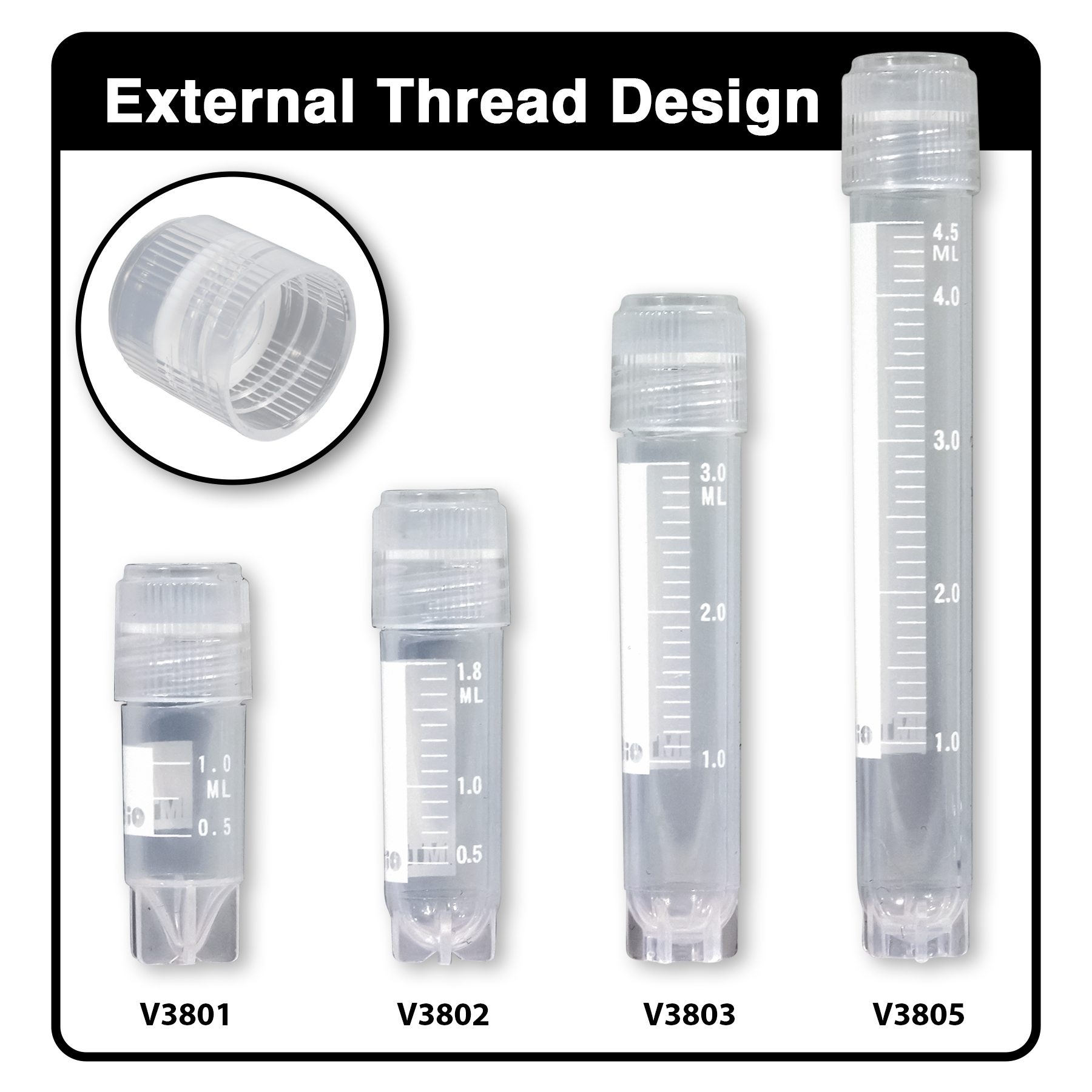 Rose Cryogenic Vials, internally threaded caps with silicone O-ring, 3mL, Sterile, Printed Graduations And Marking Area, Self-Standing Star Foot, 50-Place Locking Rack Included with Each Case, 10 Resealable Bags of 50 Tubes, 500/cs
